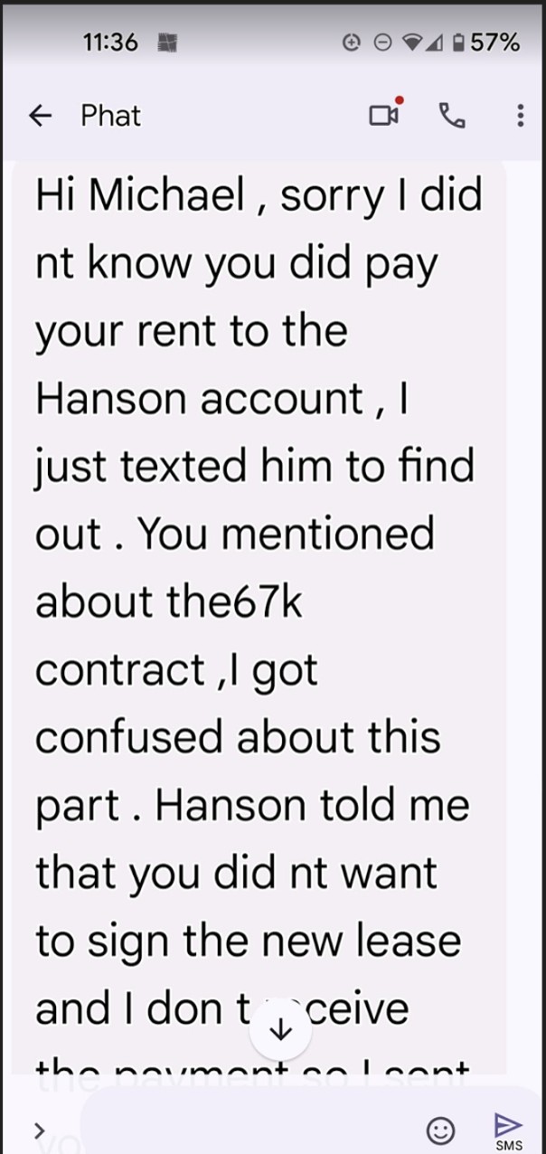 Text message from Phat Tran confirming receipt of June rent payment